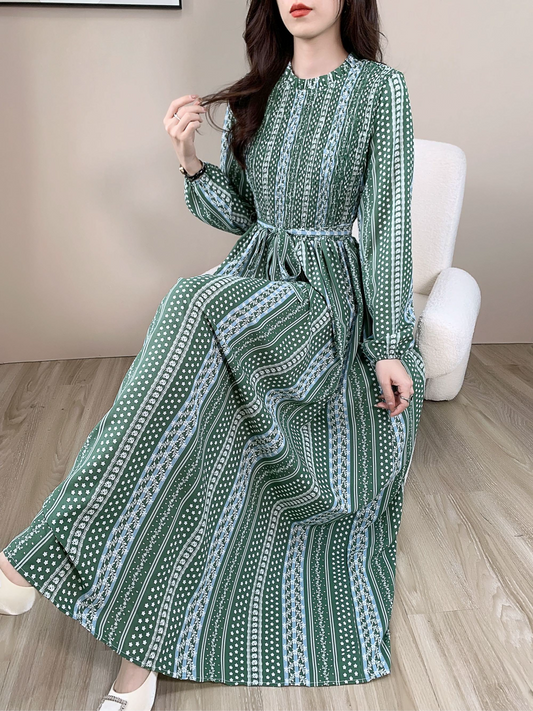 Striped Green Floral Maxi Dress (L-190908C)