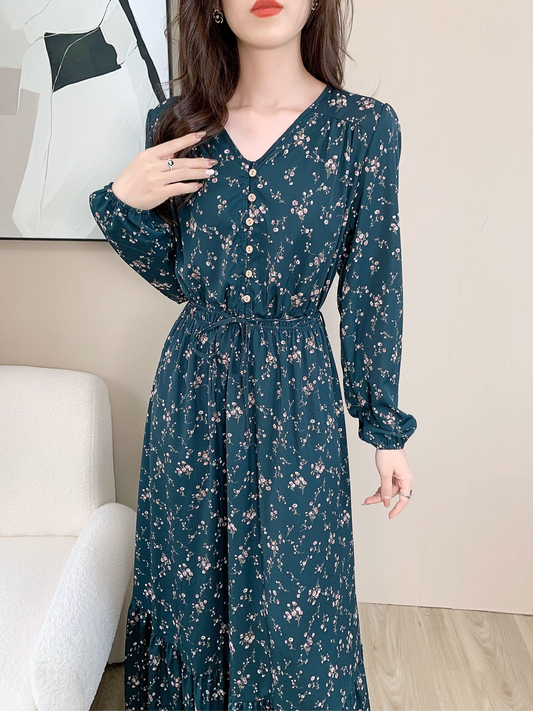 Forest Print Button Up Maxi Dress (L-21322)